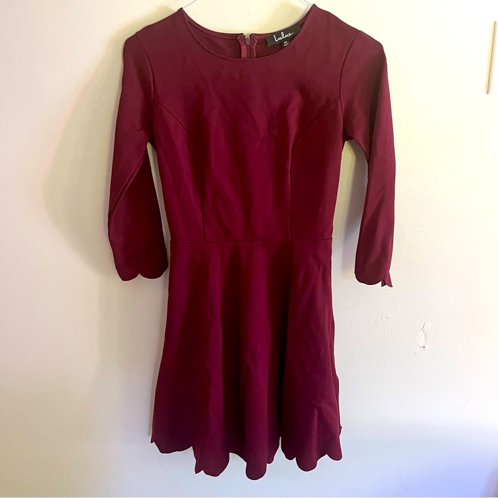 Lulus Burgundy Fit and Flare Scallop Hem Dress - Size Medium
